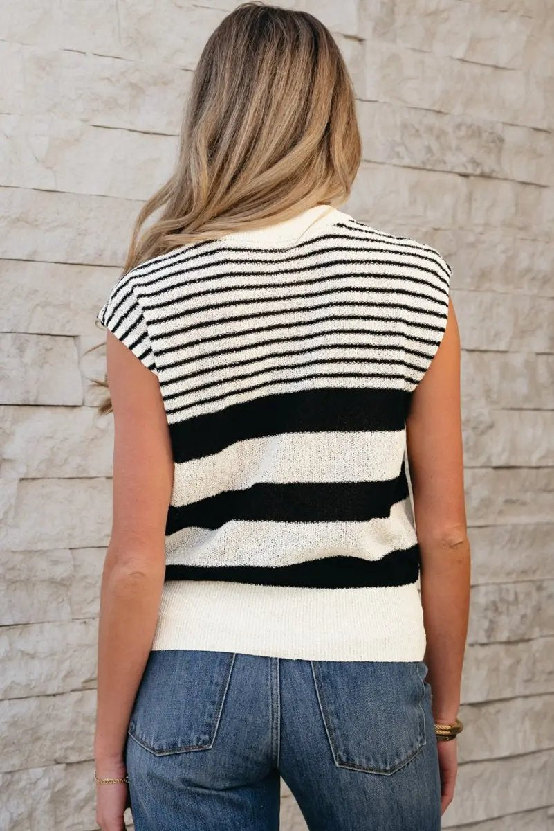 Black White Striped O Neck Sweater Vest for Women - Love Salve